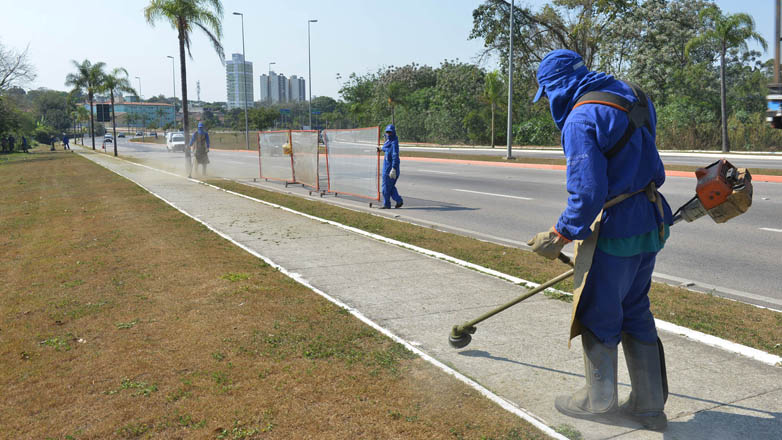 A equipe de 25 pessoas vai limpar, capinar e aplicar os produtos contra as ervas daninhas em uma área verde de 60 mil metros quadrados